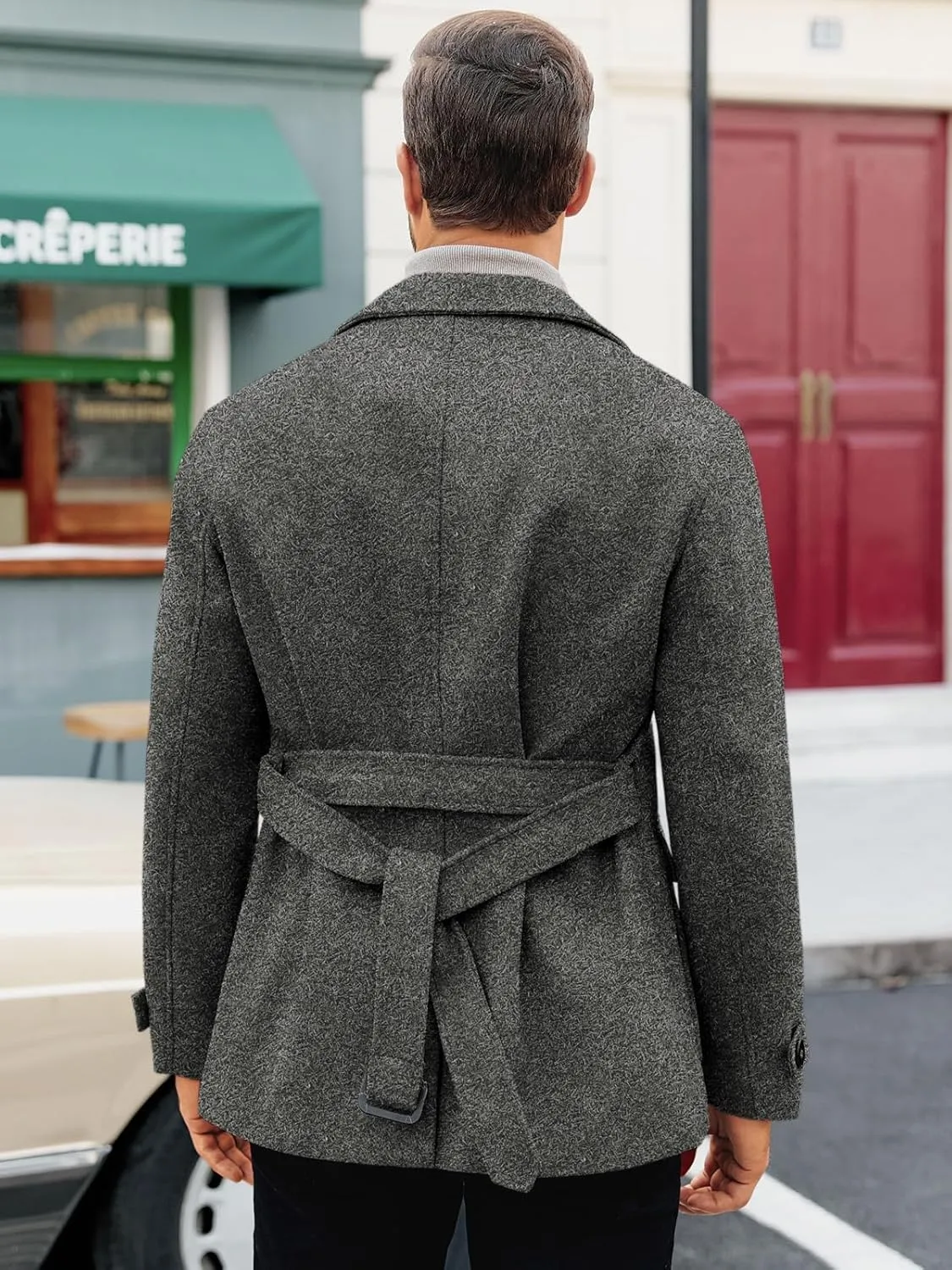 Pretifeel Mens Trench Coat Slim Fit Wool Blends Business Lapel Belted Overcoat Winter Casual Peacoat Jacket