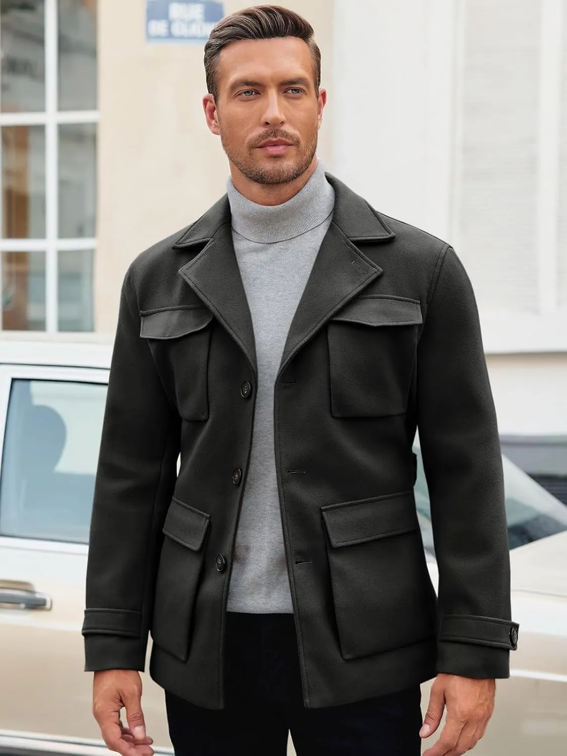 Pretifeel Mens Trench Coat Slim Fit Wool Blends Business Lapel Belted Overcoat Winter Casual Peacoat Jacket