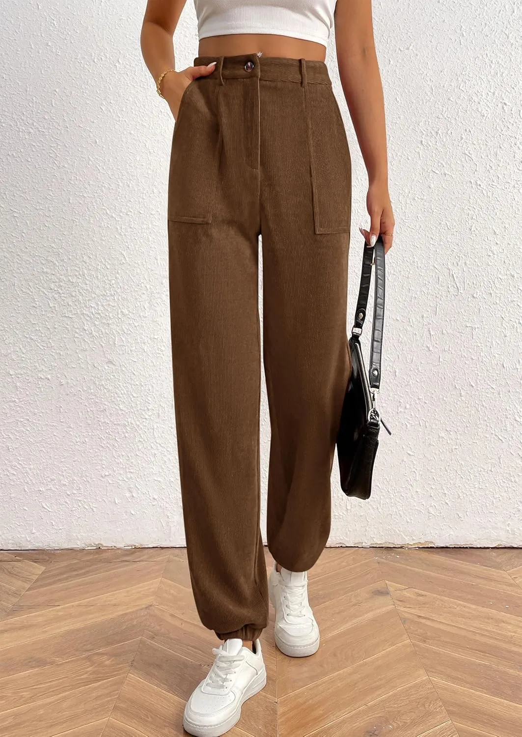 PRETTYGARDEN Women's Dressy Casual Pants Elastic High Waisted Work Office Corduroy Trouser Slacks with Pockets