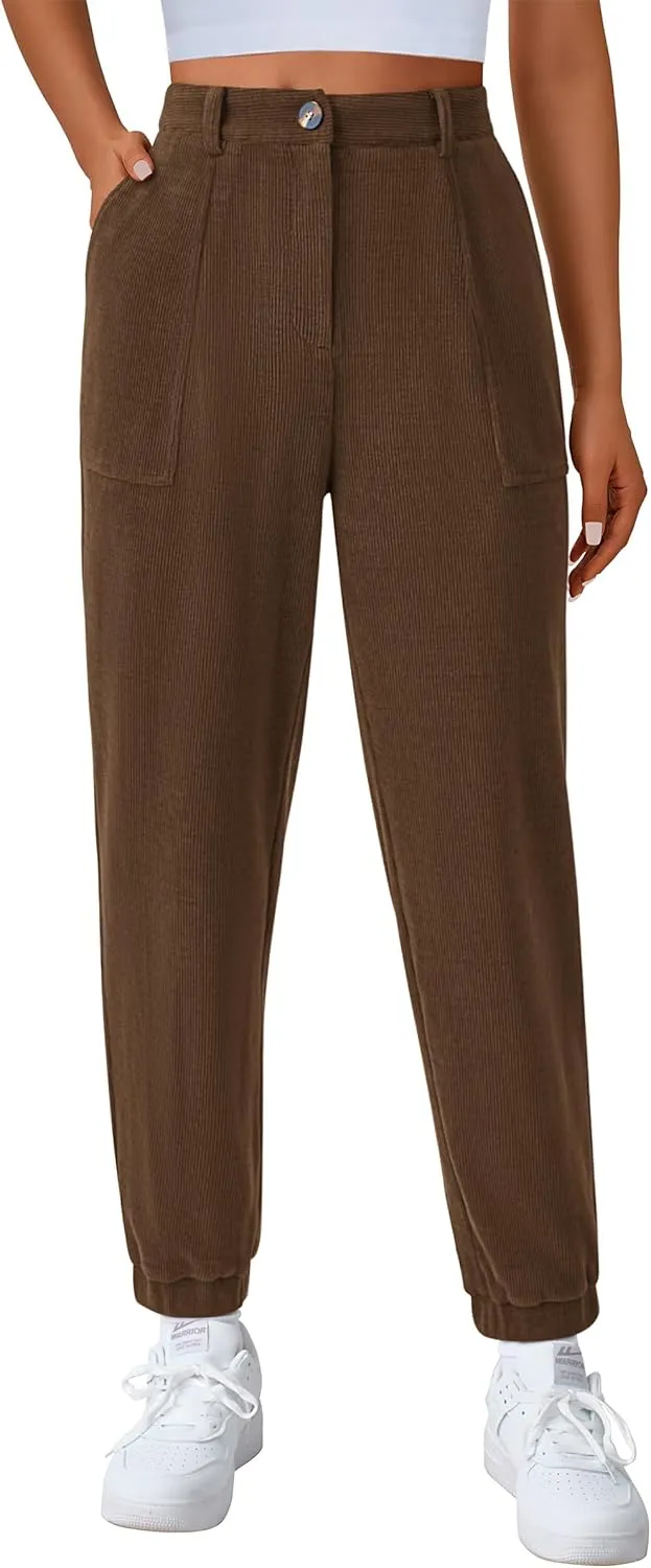 PRETTYGARDEN Women's Dressy Casual Pants Elastic High Waisted Work Office Corduroy Trouser Slacks with Pockets