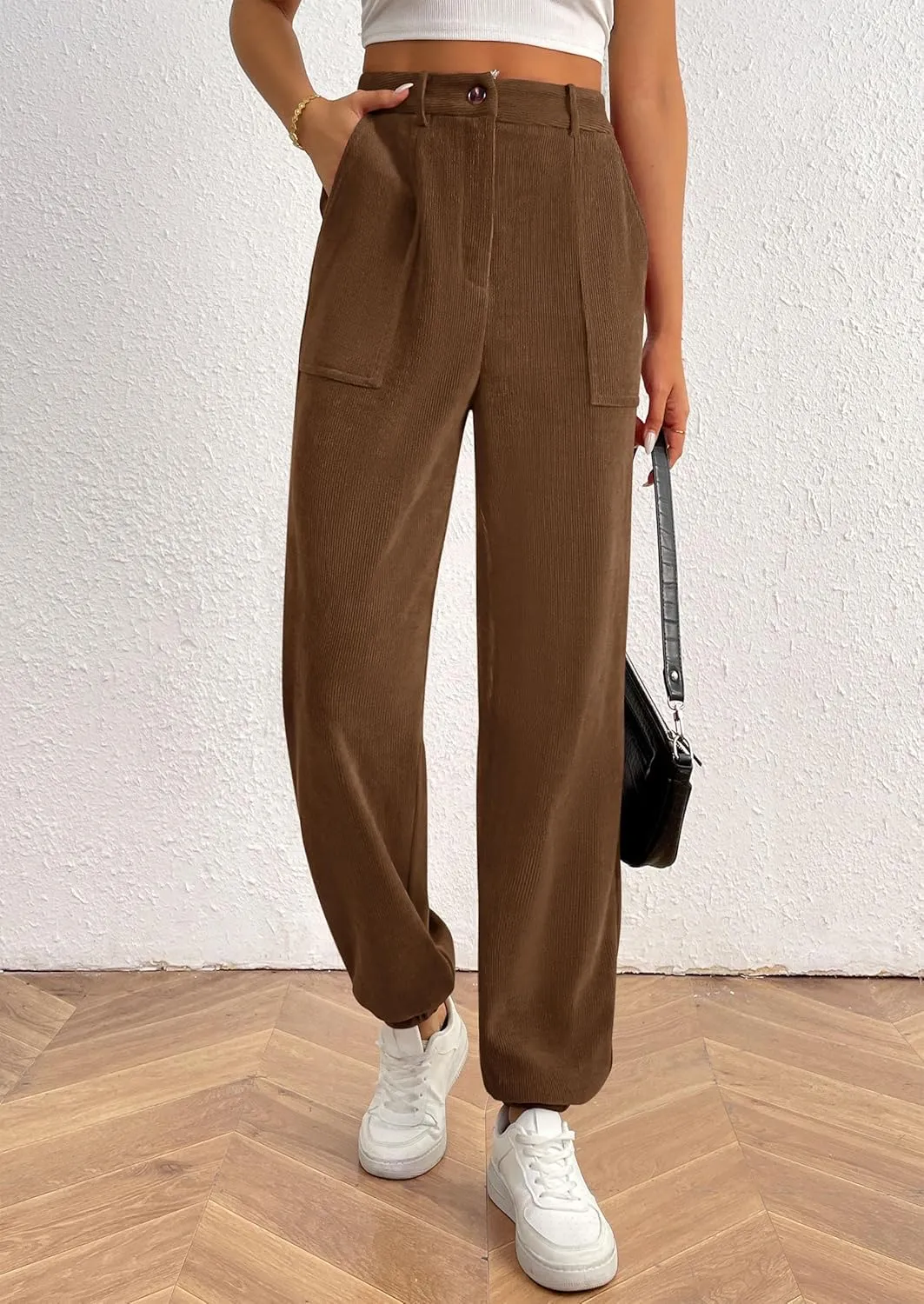 PRETTYGARDEN Women's Dressy Casual Pants Elastic High Waisted Work Office Corduroy Trouser Slacks with Pockets