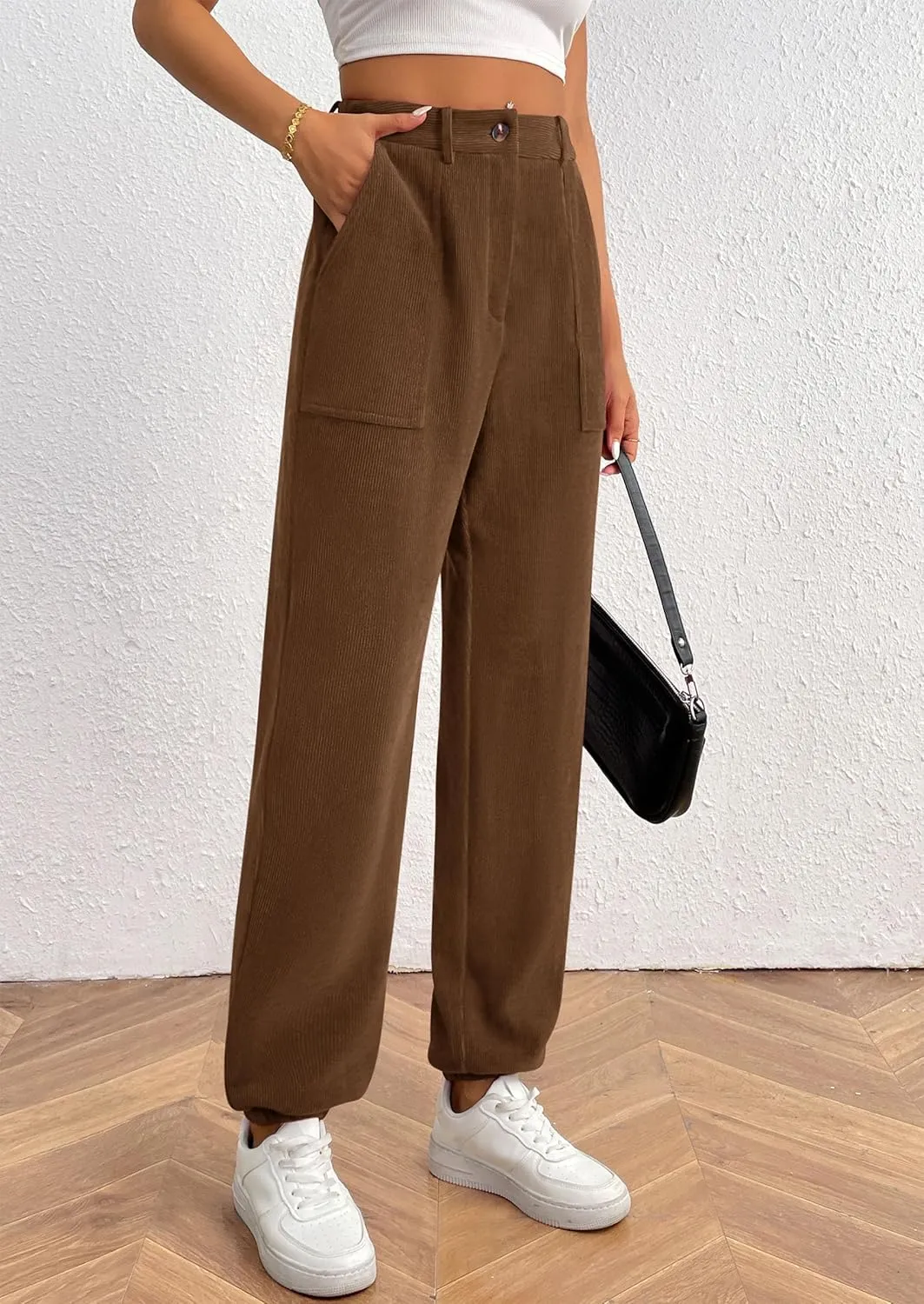 PRETTYGARDEN Women's Dressy Casual Pants Elastic High Waisted Work Office Corduroy Trouser Slacks with Pockets