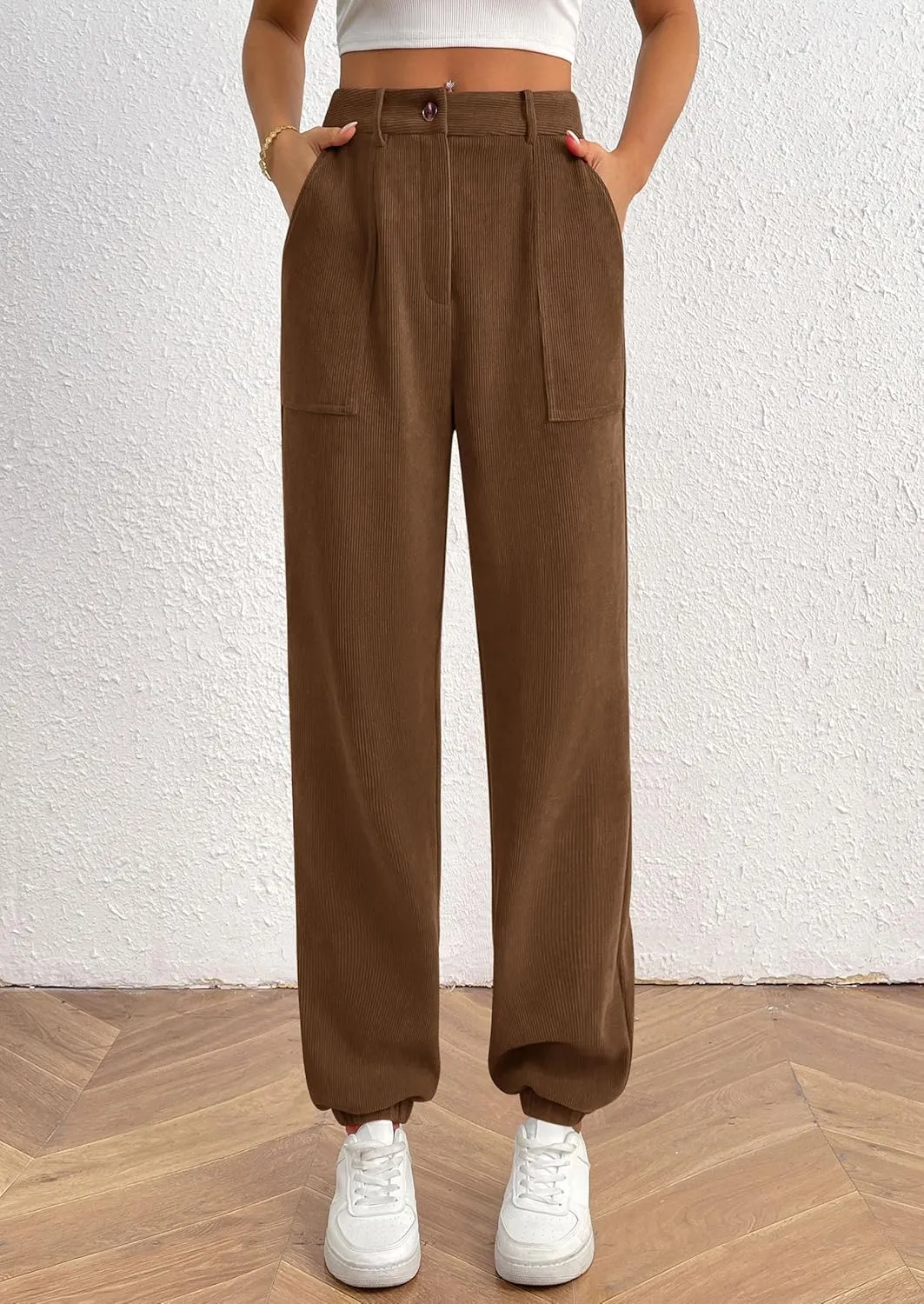 PRETTYGARDEN Women's Dressy Casual Pants Elastic High Waisted Work Office Corduroy Trouser Slacks with Pockets