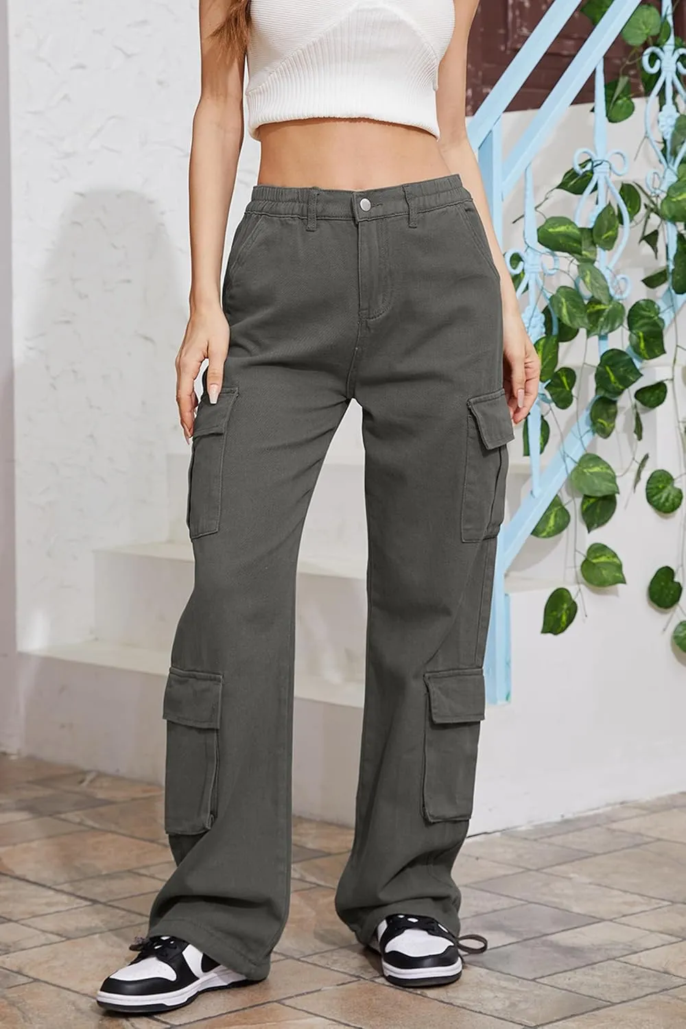 QYANGG Baggy Cargo Pants Women High Waist Pants for Women Loose Pocket Jogger Straight Wide Leg Y2K Cargo Pants