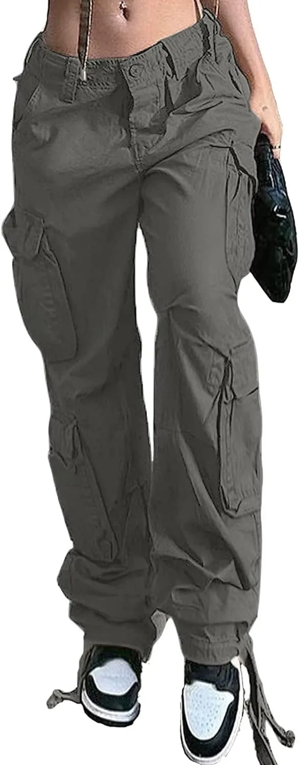 QYANGG Baggy Cargo Pants Women High Waist Pants for Women Loose Pocket Jogger Straight Wide Leg Y2K Cargo Pants