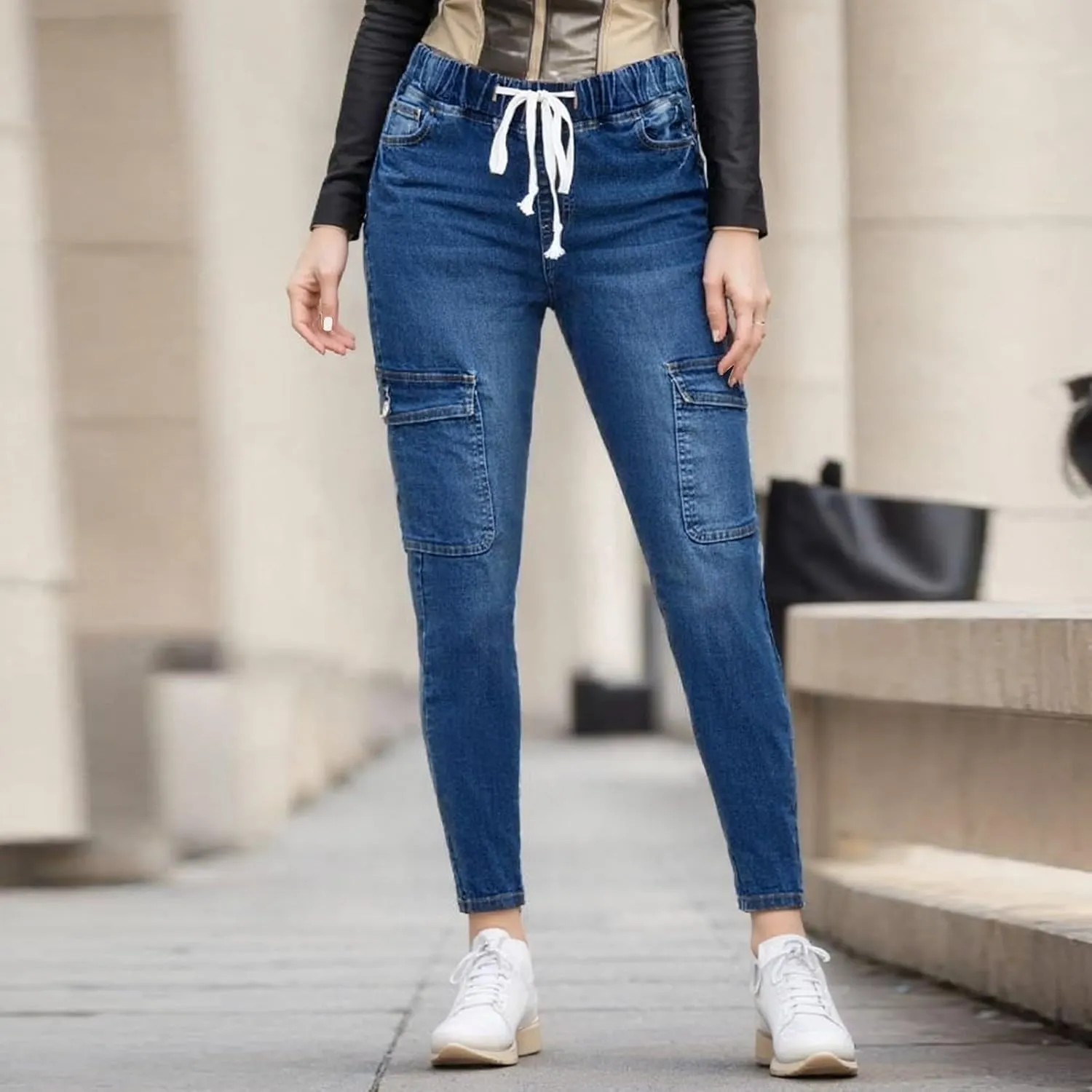 Ripped Jeans for Women Distressed High Waisted Drawstring Jeans Raw Hem Stretchy Denim Pants with Pockets Cropped Pants