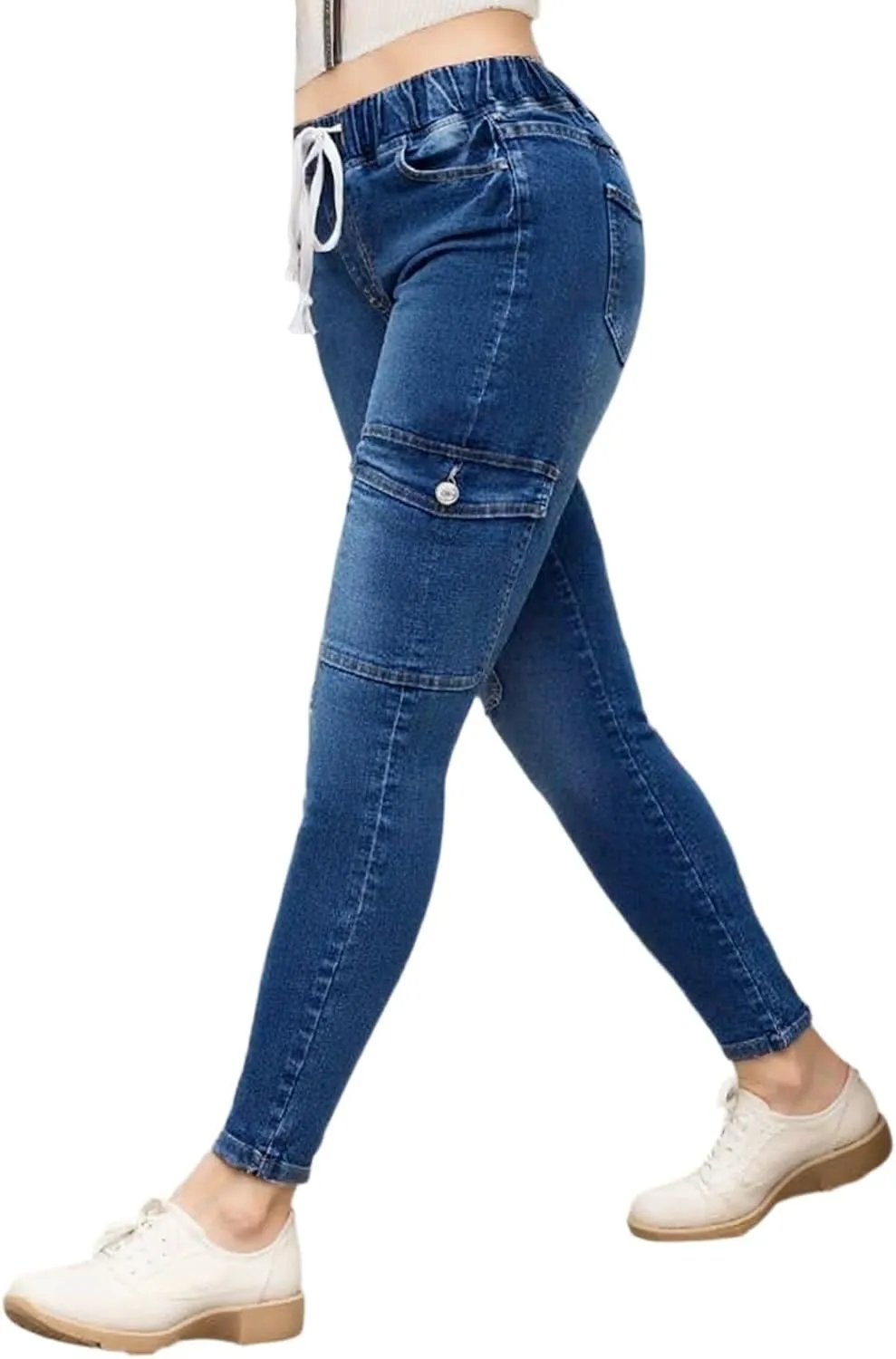 Ripped Jeans for Women Distressed High Waisted Drawstring Jeans Raw Hem Stretchy Denim Pants with Pockets Cropped Pants