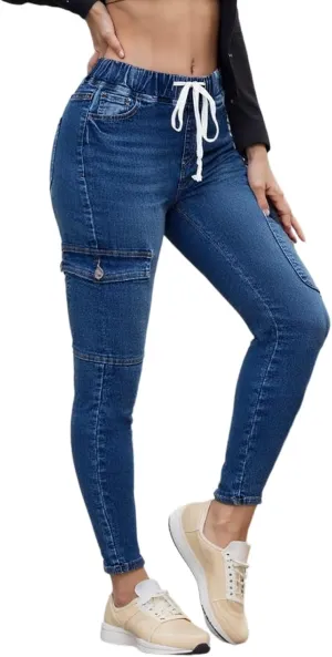 Ripped Jeans for Women Distressed High Waisted Drawstring Jeans Raw Hem Stretchy Denim Pants with Pockets Cropped Pants