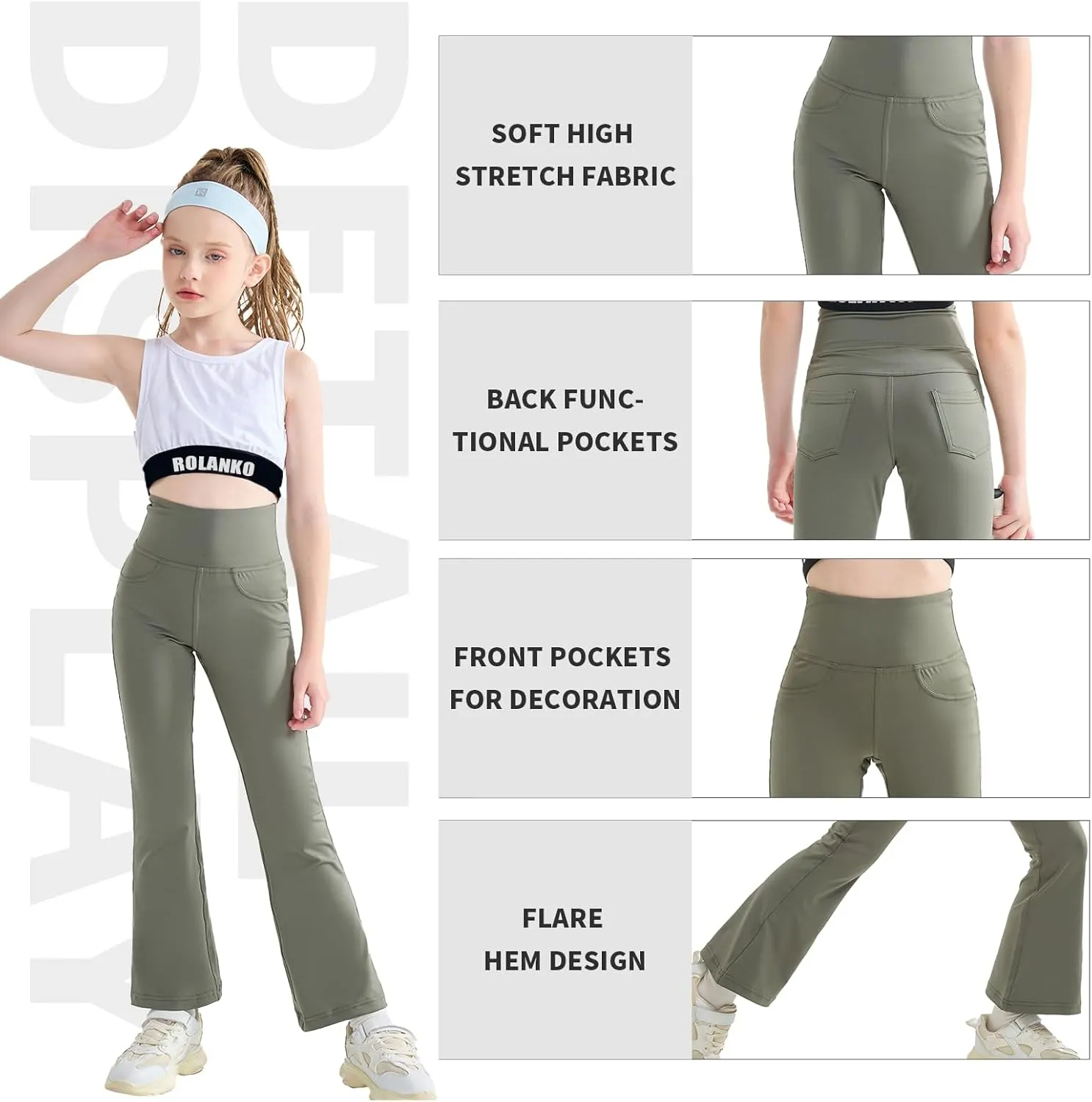 Rolanko Girls Flare Leggings Yoga Pants with Pockets Stretch Kids Bell Bottoms Wide Leg Dance Pants 4-14 Years