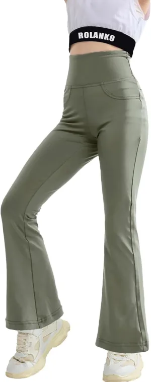 Rolanko Girls Flare Leggings Yoga Pants with Pockets Stretch Kids Bell Bottoms Wide Leg Dance Pants 4-14 Years