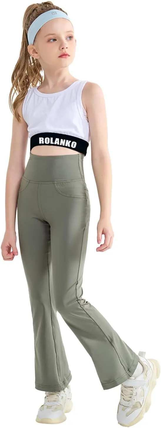 Rolanko Girls Flare Leggings Yoga Pants with Pockets Stretch Kids Bell Bottoms Wide Leg Dance Pants 4-14 Years