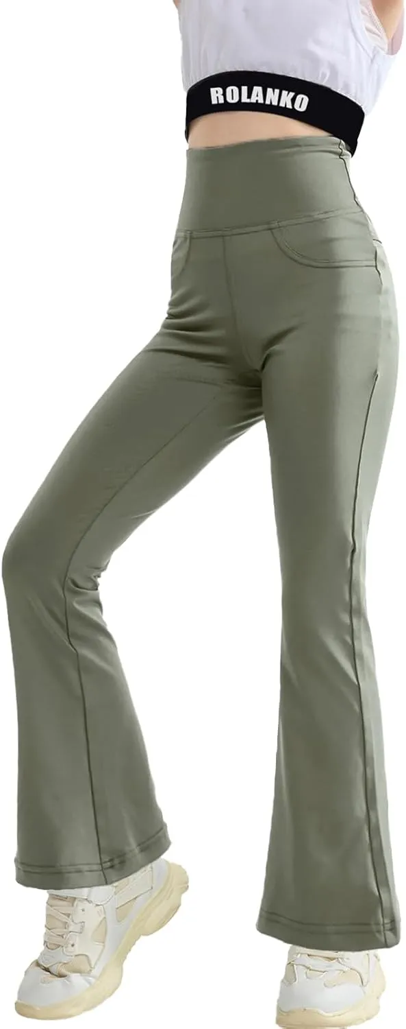 Rolanko Girls Flare Leggings Yoga Pants with Pockets Stretch Kids Bell Bottoms Wide Leg Dance Pants 4-14 Years