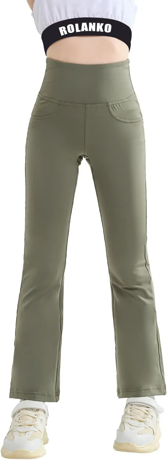 Rolanko Girls Flare Leggings Yoga Pants with Pockets Stretch Kids Bell Bottoms Wide Leg Dance Pants 4-14 Years
