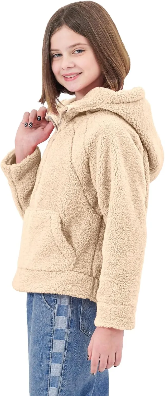 Rolanko Girls Sherpa Pullover Hoodie Half Zipper Fuzzy Hoodie Sweatshirt with Pockets Kids Fleece Tops 4-14 Years