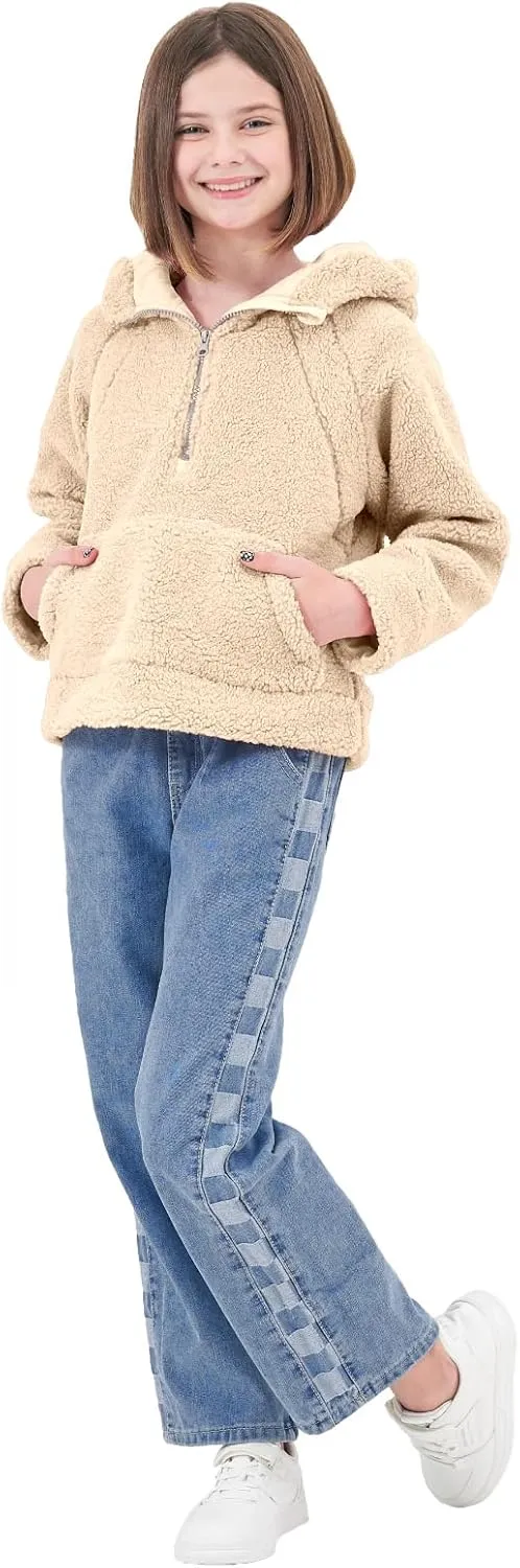Rolanko Girls Sherpa Pullover Hoodie Half Zipper Fuzzy Hoodie Sweatshirt with Pockets Kids Fleece Tops 4-14 Years