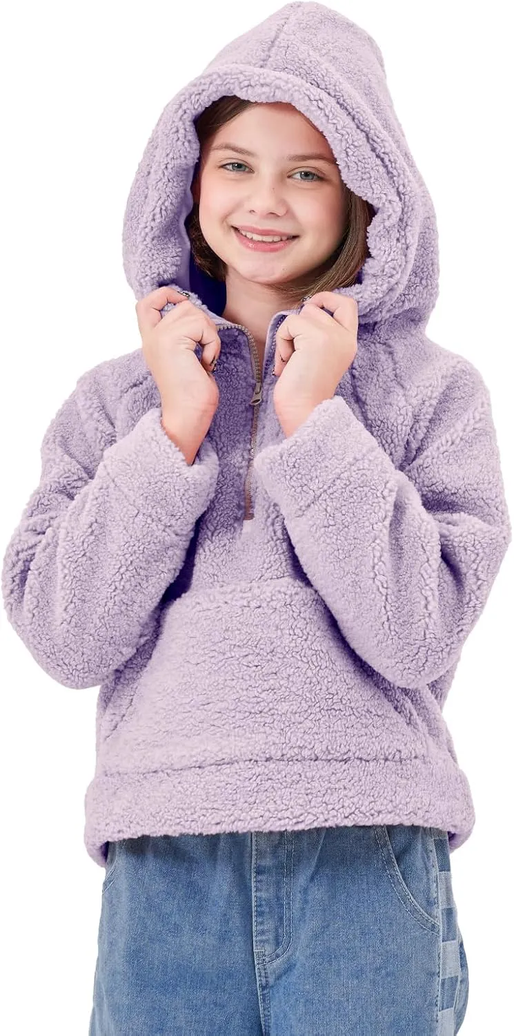 Rolanko Girls Sherpa Pullover Hoodie Half Zipper Fuzzy Hoodie Sweatshirt with Pockets Kids Fleece Tops 4-14 Years