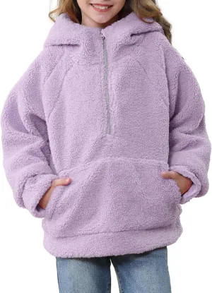 Rolanko Girls Sherpa Pullover Hoodie Half Zipper Fuzzy Hoodie Sweatshirt with Pockets Kids Fleece Tops 4-14 Years