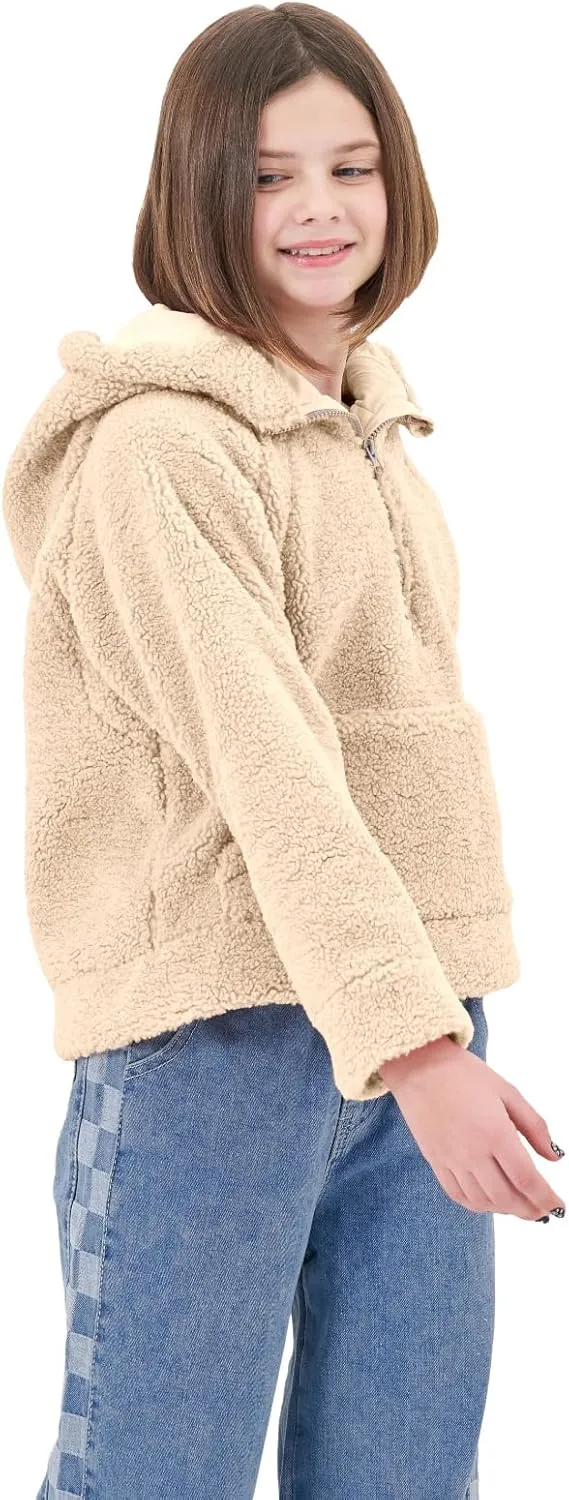 Rolanko Girls Sherpa Pullover Hoodie Half Zipper Fuzzy Hoodie Sweatshirt with Pockets Kids Fleece Tops 4-14 Years