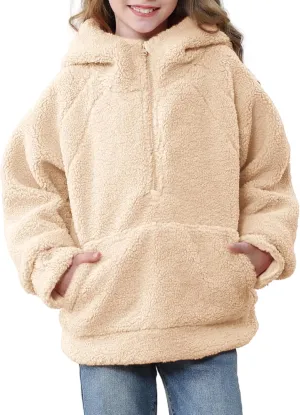 Rolanko Girls Sherpa Pullover Hoodie Half Zipper Fuzzy Hoodie Sweatshirt with Pockets Kids Fleece Tops 4-14 Years