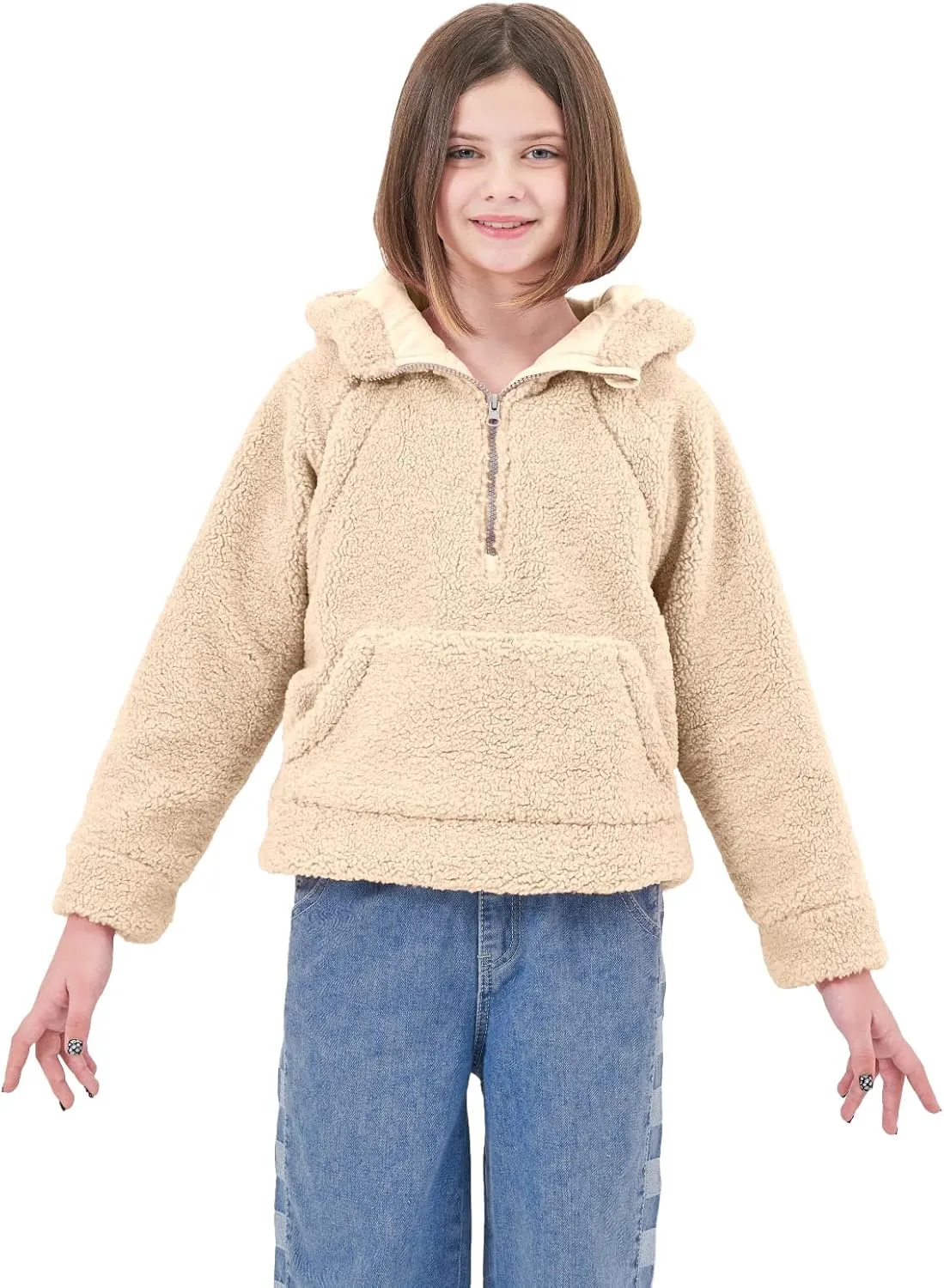 Rolanko Girls Sherpa Pullover Hoodie Half Zipper Fuzzy Hoodie Sweatshirt with Pockets Kids Fleece Tops 4-14 Years
