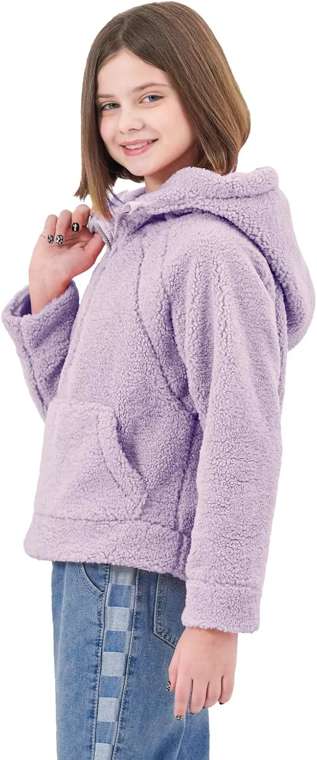 Rolanko Girls Sherpa Pullover Hoodie Half Zipper Fuzzy Hoodie Sweatshirt with Pockets Kids Fleece Tops 4-14 Years