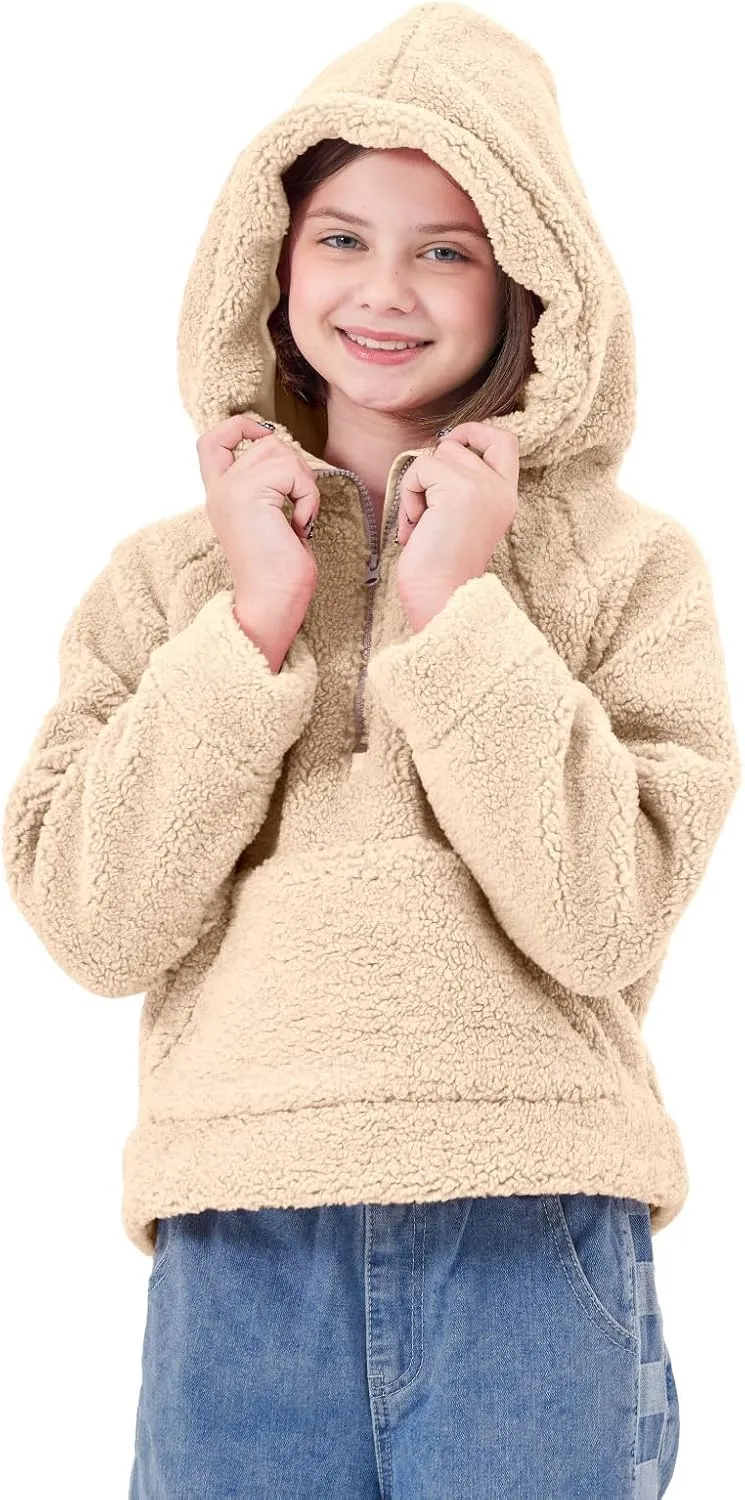 Rolanko Girls Sherpa Pullover Hoodie Half Zipper Fuzzy Hoodie Sweatshirt with Pockets Kids Fleece Tops 4-14 Years