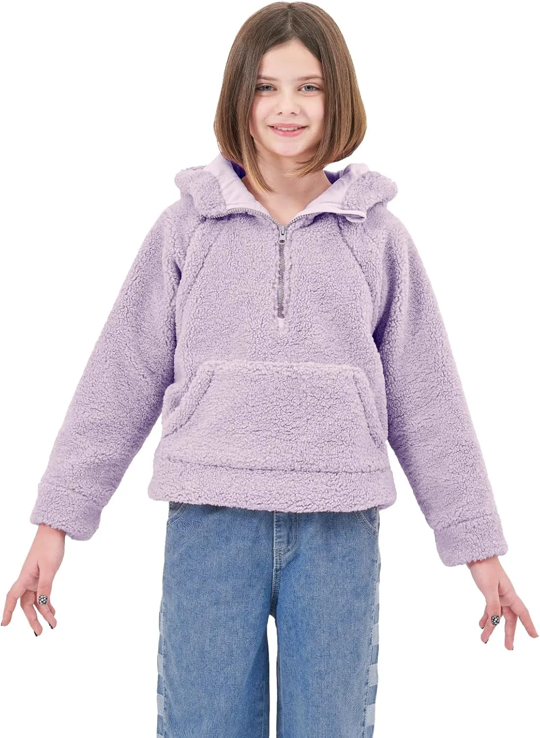 Rolanko Girls Sherpa Pullover Hoodie Half Zipper Fuzzy Hoodie Sweatshirt with Pockets Kids Fleece Tops 4-14 Years