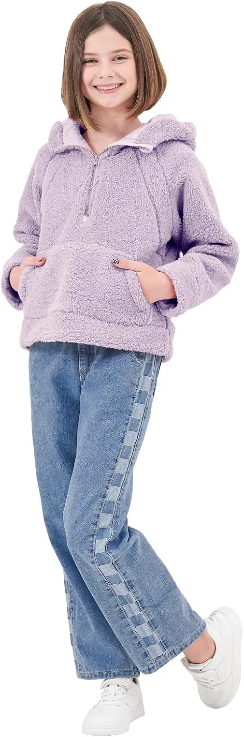 Rolanko Girls Sherpa Pullover Hoodie Half Zipper Fuzzy Hoodie Sweatshirt with Pockets Kids Fleece Tops 4-14 Years
