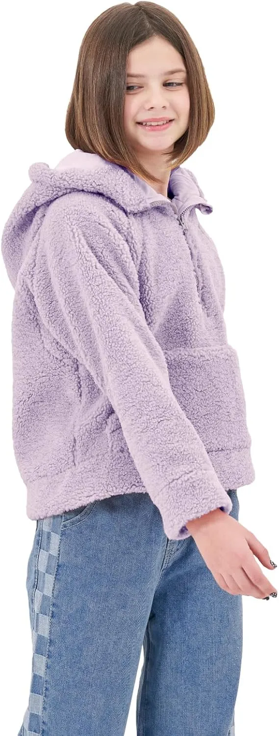Rolanko Girls Sherpa Pullover Hoodie Half Zipper Fuzzy Hoodie Sweatshirt with Pockets Kids Fleece Tops 4-14 Years