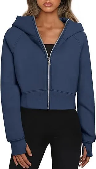 RONGTAI Women's Cropped Zip-Up Hoodie Fleece Lined Y2K Sweatshirt, Casual Short Winter Jacket, Comfy Fall Long Sleeve Top