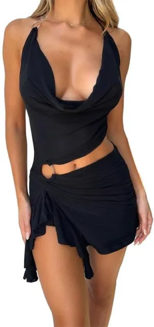Sastianaen Women Ruffle Bodycon Mini Dress Y2k V Neck Mesh Dress Slit Irregular Hem Tank Dress Summer Party Backless Dress