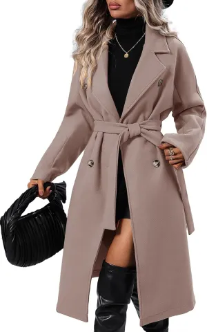 SAUKOLE Women's Trendy Lapel Collar Double Breasted Wool Blend Coats Winter Pea Overcoat Pocketed Outwear with Belt