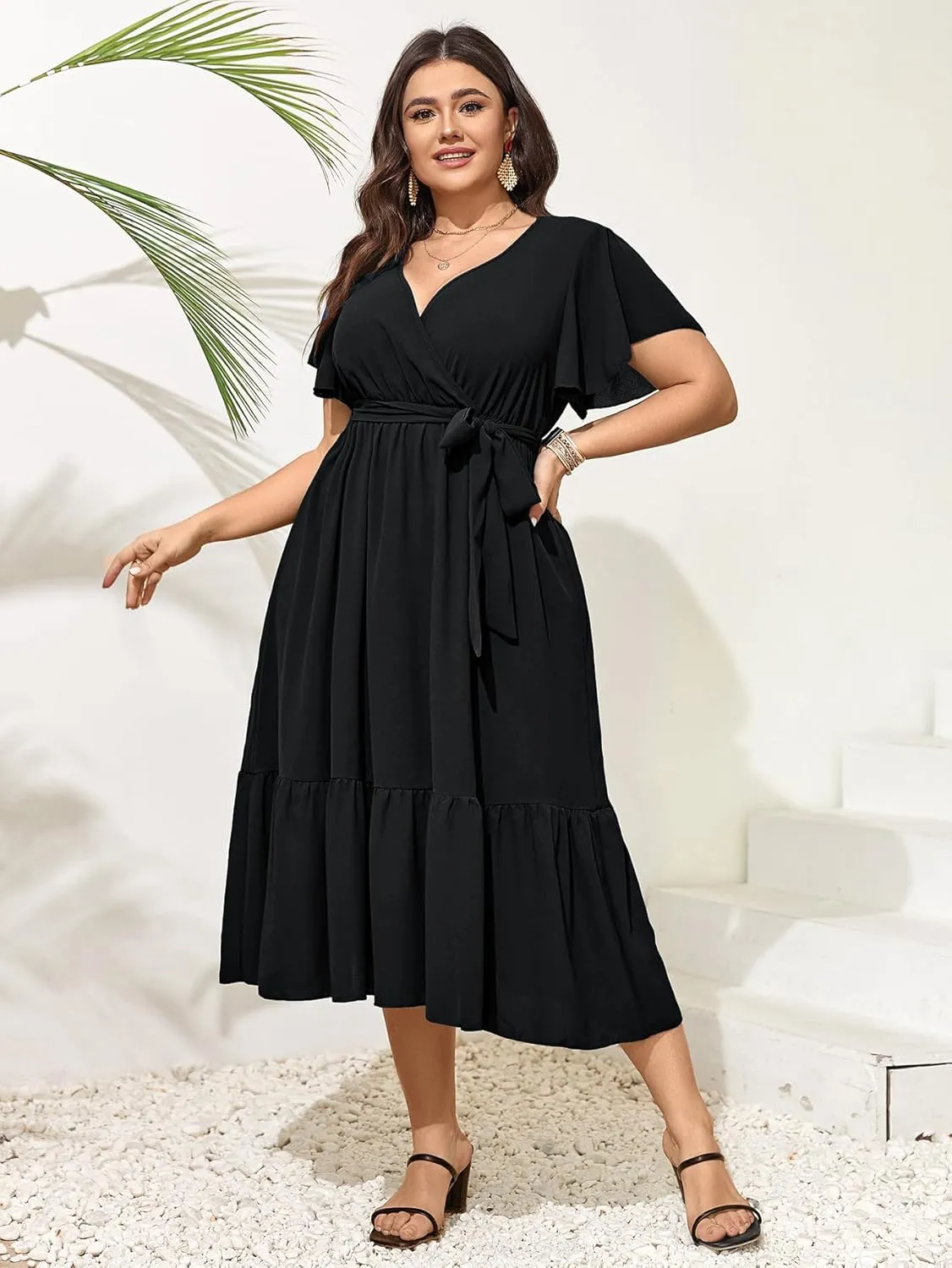 SCOMCHIC Womens Plus Size Wedding Guest Dresses Summer Wrap V Neck Short Sleeve Belted Ruffle Hem A-Line Flowy Maxi Dress