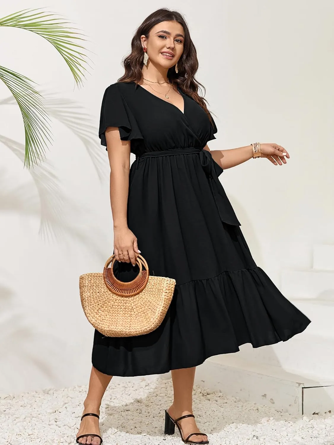 SCOMCHIC Womens Plus Size Wedding Guest Dresses Summer Wrap V Neck Short Sleeve Belted Ruffle Hem A-Line Flowy Maxi Dress