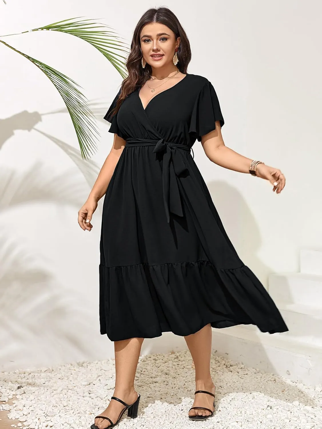 SCOMCHIC Womens Plus Size Wedding Guest Dresses Summer Wrap V Neck Short Sleeve Belted Ruffle Hem A-Line Flowy Maxi Dress
