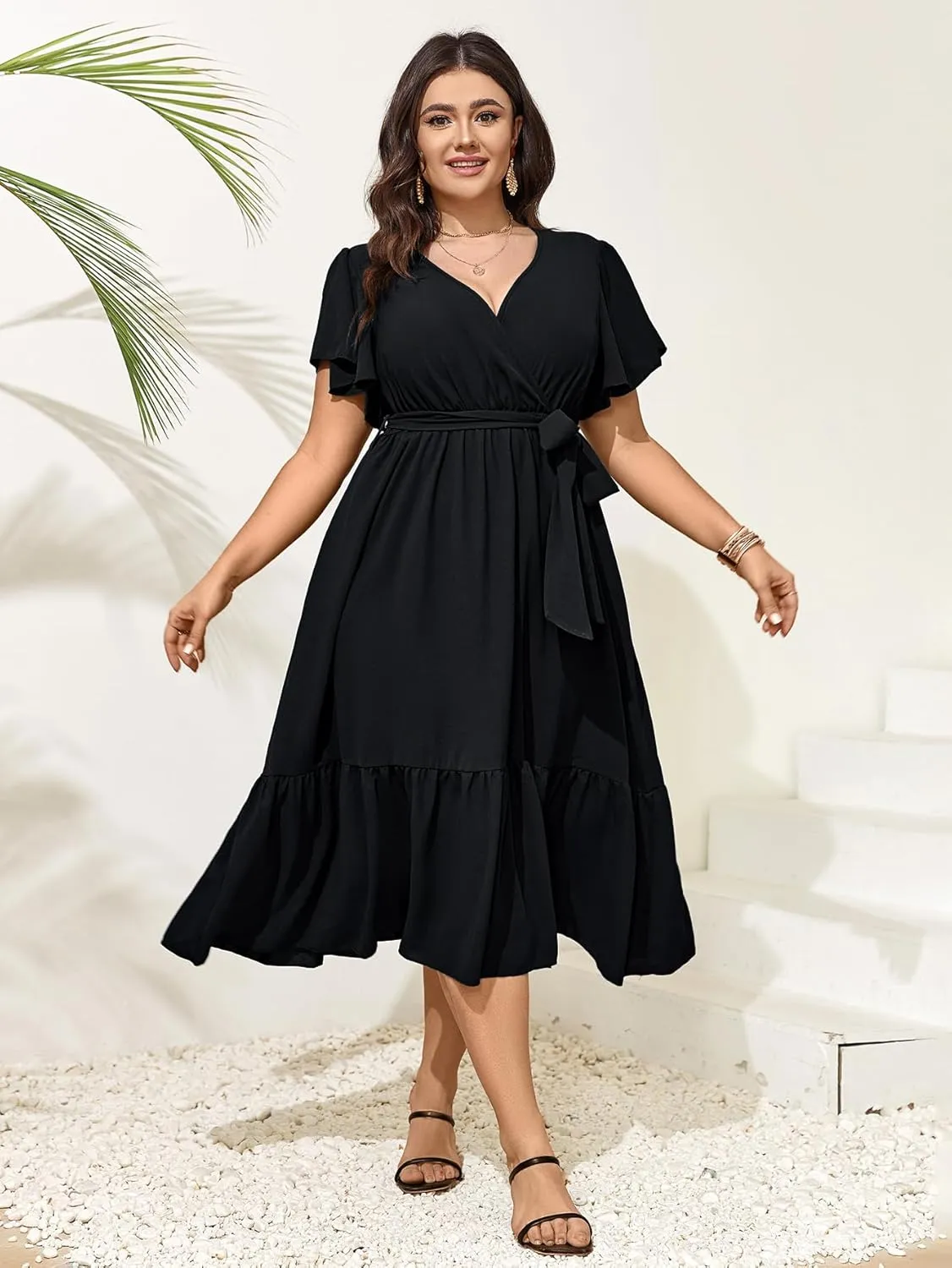 SCOMCHIC Womens Plus Size Wedding Guest Dresses Summer Wrap V Neck Short Sleeve Belted Ruffle Hem A-Line Flowy Maxi Dress