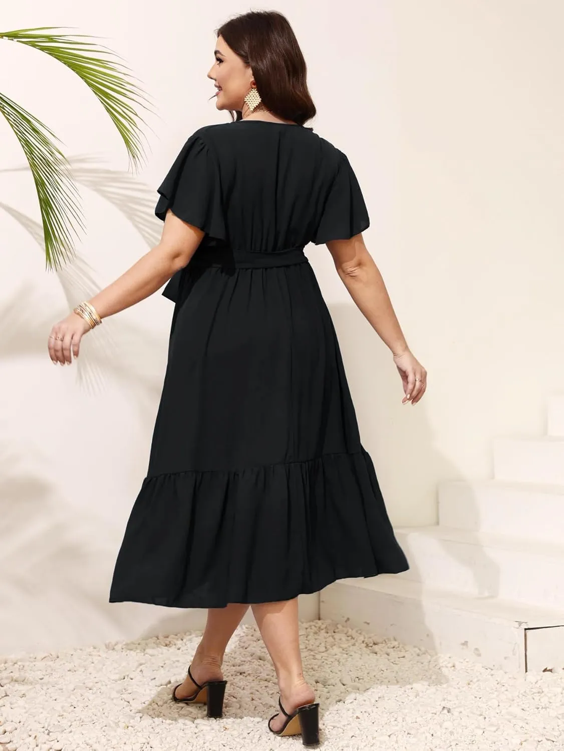 SCOMCHIC Womens Plus Size Wedding Guest Dresses Summer Wrap V Neck Short Sleeve Belted Ruffle Hem A-Line Flowy Maxi Dress