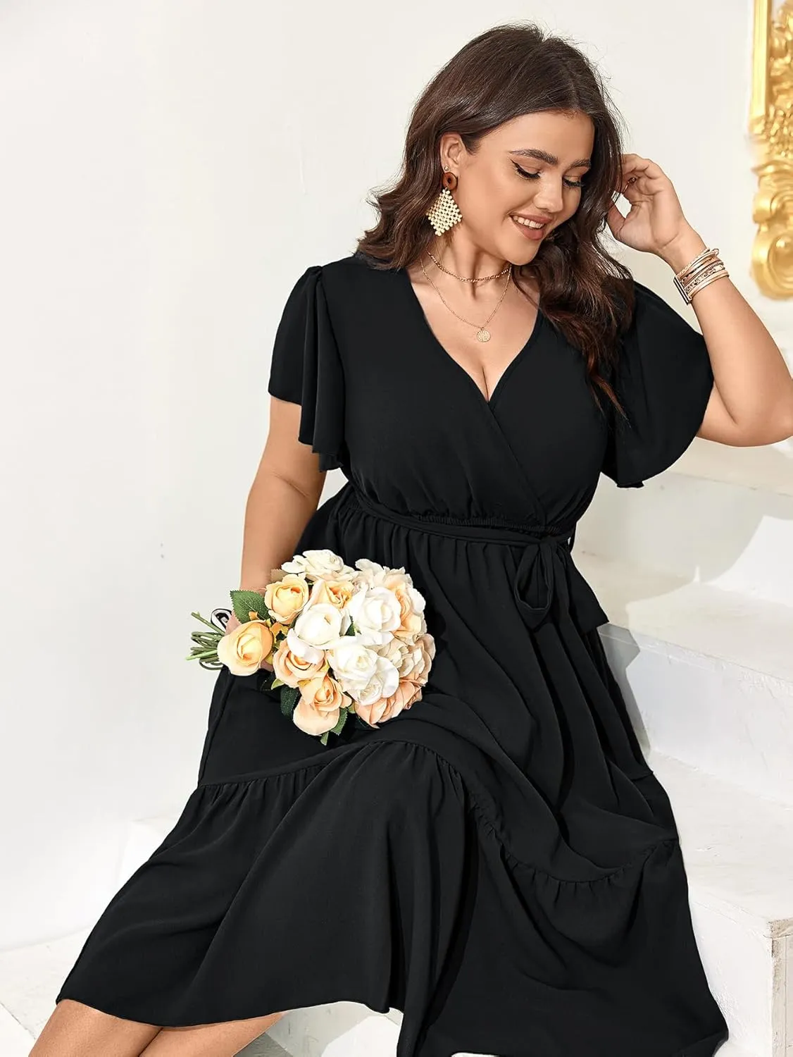 SCOMCHIC Womens Plus Size Wedding Guest Dresses Summer Wrap V Neck Short Sleeve Belted Ruffle Hem A-Line Flowy Maxi Dress