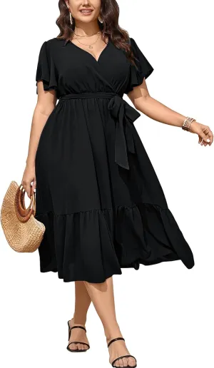 SCOMCHIC Womens Plus Size Wedding Guest Dresses Summer Wrap V Neck Short Sleeve Belted Ruffle Hem A-Line Flowy Maxi Dress