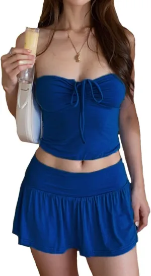 Sdencin Sexy Y2K Mini Skirt Set Women Sleeveless Ruched Bandage Crop Strapless Tube Top Pleated Skirt 2 Piece Set Outfit
