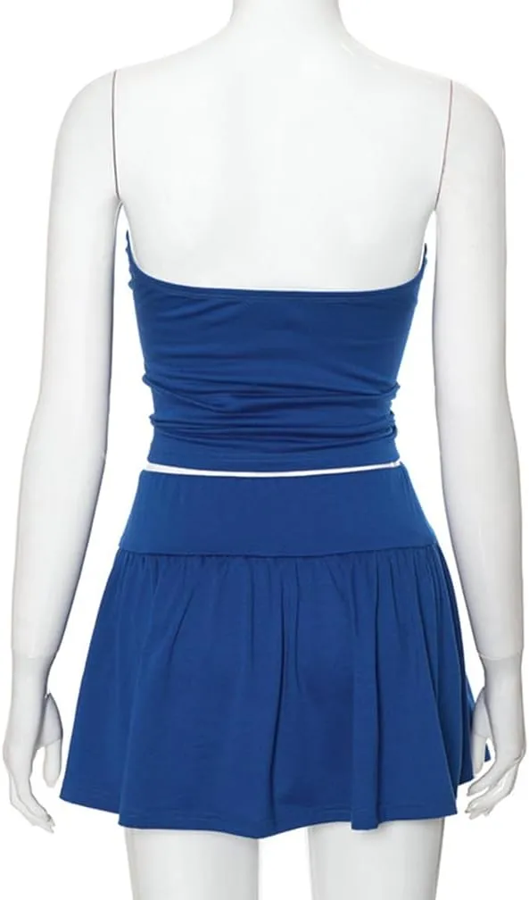 Sdencin Sexy Y2K Mini Skirt Set Women Sleeveless Ruched Bandage Crop Strapless Tube Top Pleated Skirt 2 Piece Set Outfit