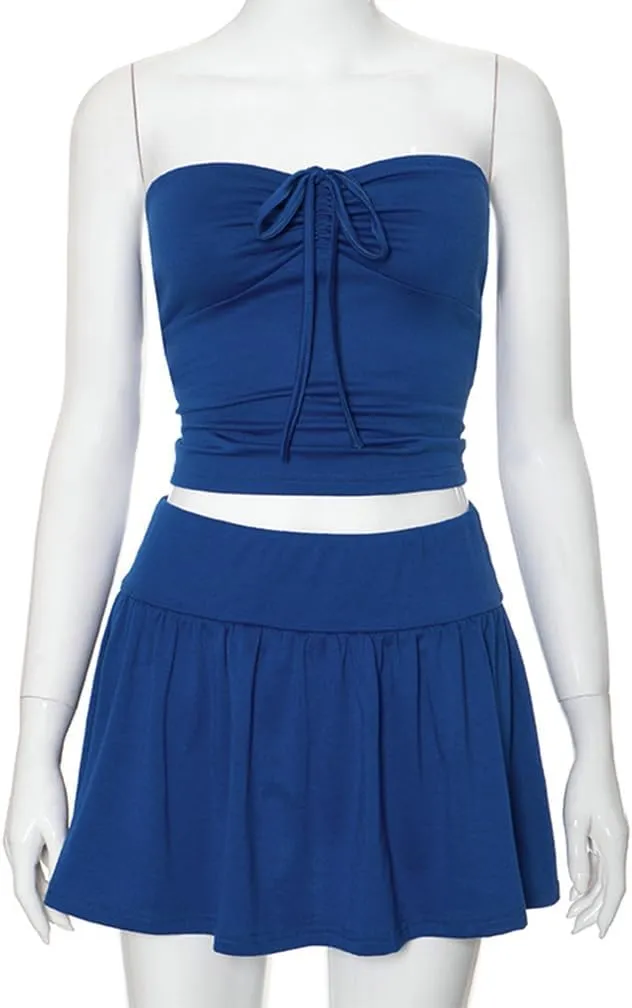 Sdencin Sexy Y2K Mini Skirt Set Women Sleeveless Ruched Bandage Crop Strapless Tube Top Pleated Skirt 2 Piece Set Outfit