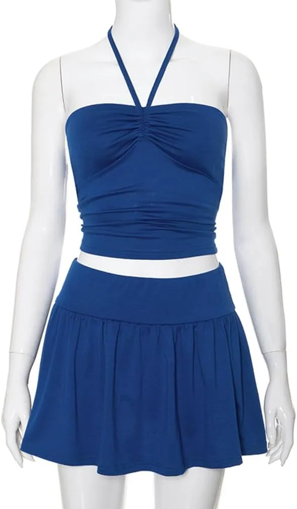 Sdencin Sexy Y2K Mini Skirt Set Women Sleeveless Ruched Bandage Crop Strapless Tube Top Pleated Skirt 2 Piece Set Outfit