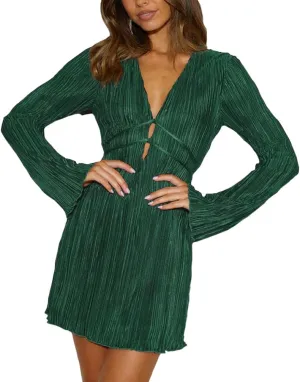 Sdencin Women Sexy Deep V-Neck Bandage Tie Waist Bodycon Short Dress Party Long Sleeve Cut Out Solid Wrap Midi Dresses