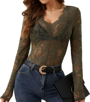 Sdencin Women Sexy Deep V-Neck See Through Mesh Sheer Lace Top Blouse Long Sleeve Slim Fit Floral Tee Shirt Tunic