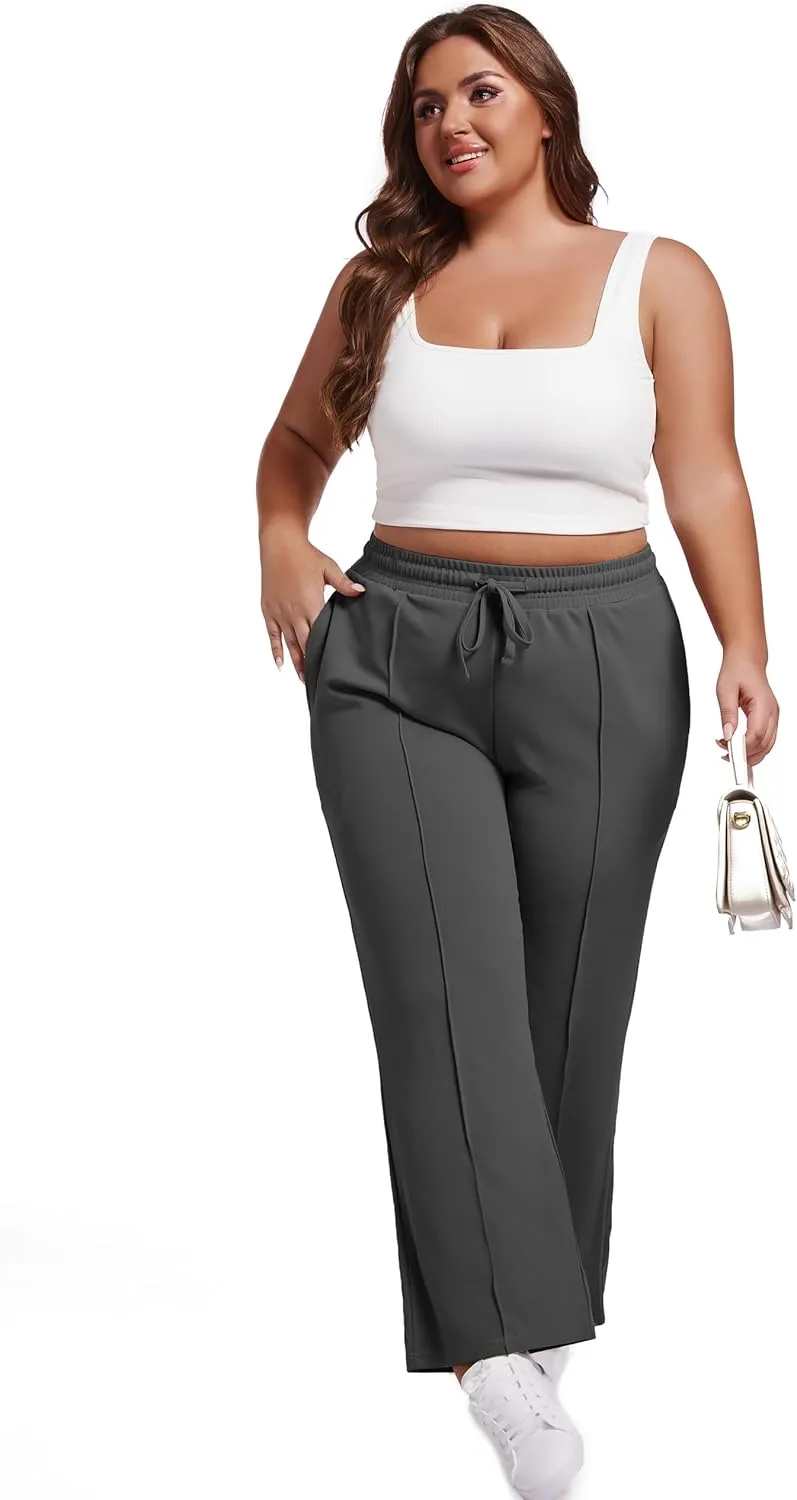 SEKINO Women's Plus Size Wide Straight Leg Pants High Waisted Business Casual Work Pants Trousers with Pockets Drawstring