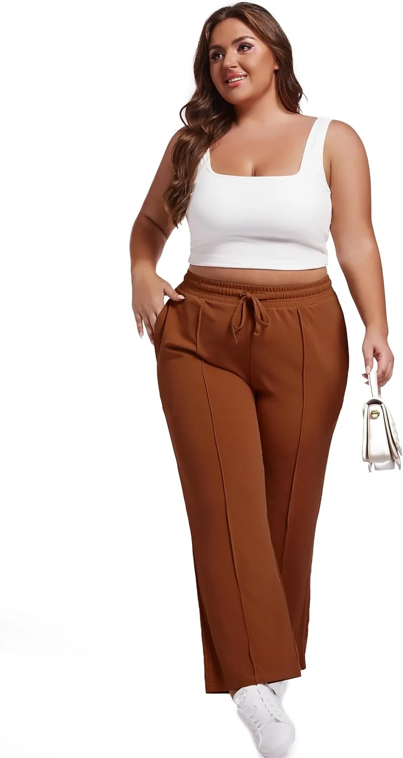 SEKINO Women's Plus Size Wide Straight Leg Pants High Waisted Business Casual Work Pants Trousers with Pockets Drawstring