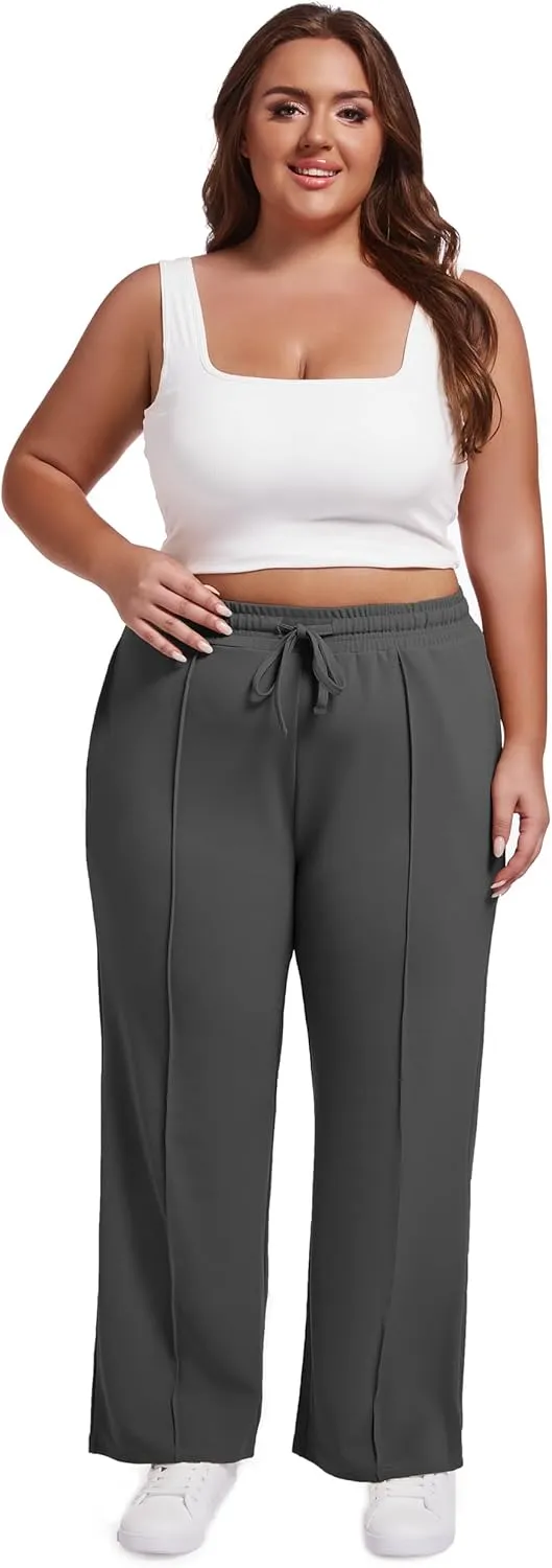 SEKINO Women's Plus Size Wide Straight Leg Pants High Waisted Business Casual Work Pants Trousers with Pockets Drawstring