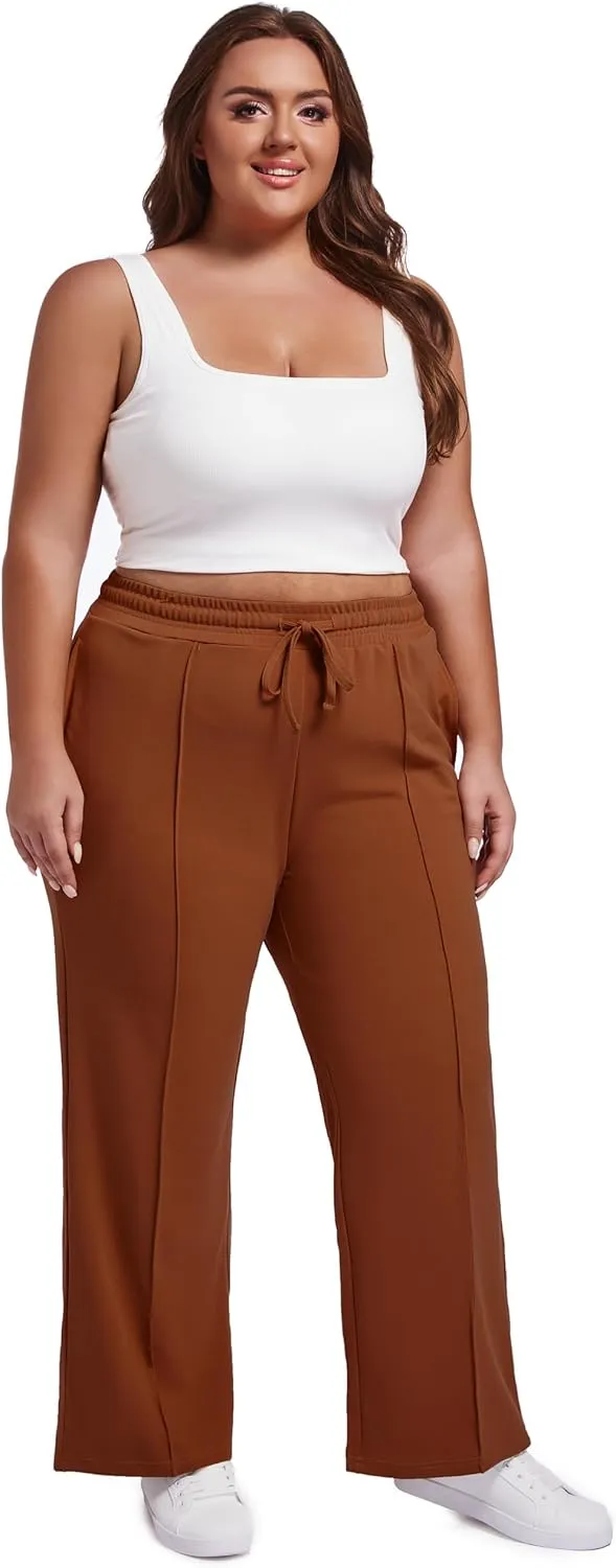 SEKINO Women's Plus Size Wide Straight Leg Pants High Waisted Business Casual Work Pants Trousers with Pockets Drawstring