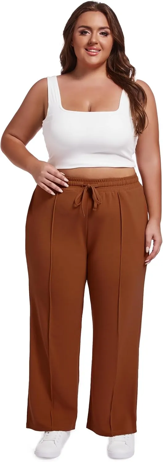 SEKINO Women's Plus Size Wide Straight Leg Pants High Waisted Business Casual Work Pants Trousers with Pockets Drawstring